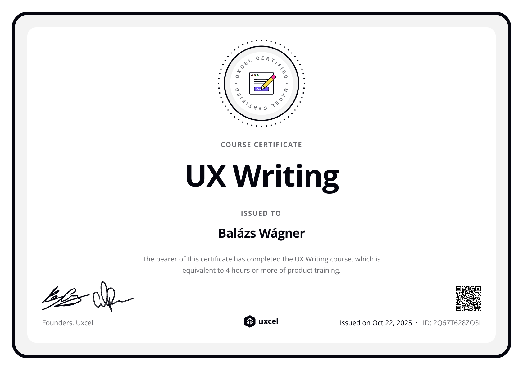 Balázs Wágner's certificate